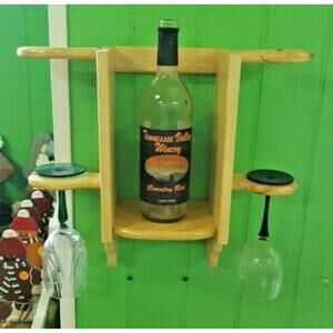 Wine Rack Bottle 4 Glass Storage Holder Display Wall Mount Floating Shelf Wooden